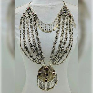 Tribal Ethnic Silver Kuchi Multilayer Necklace With Big Pendant, Handmade Pure